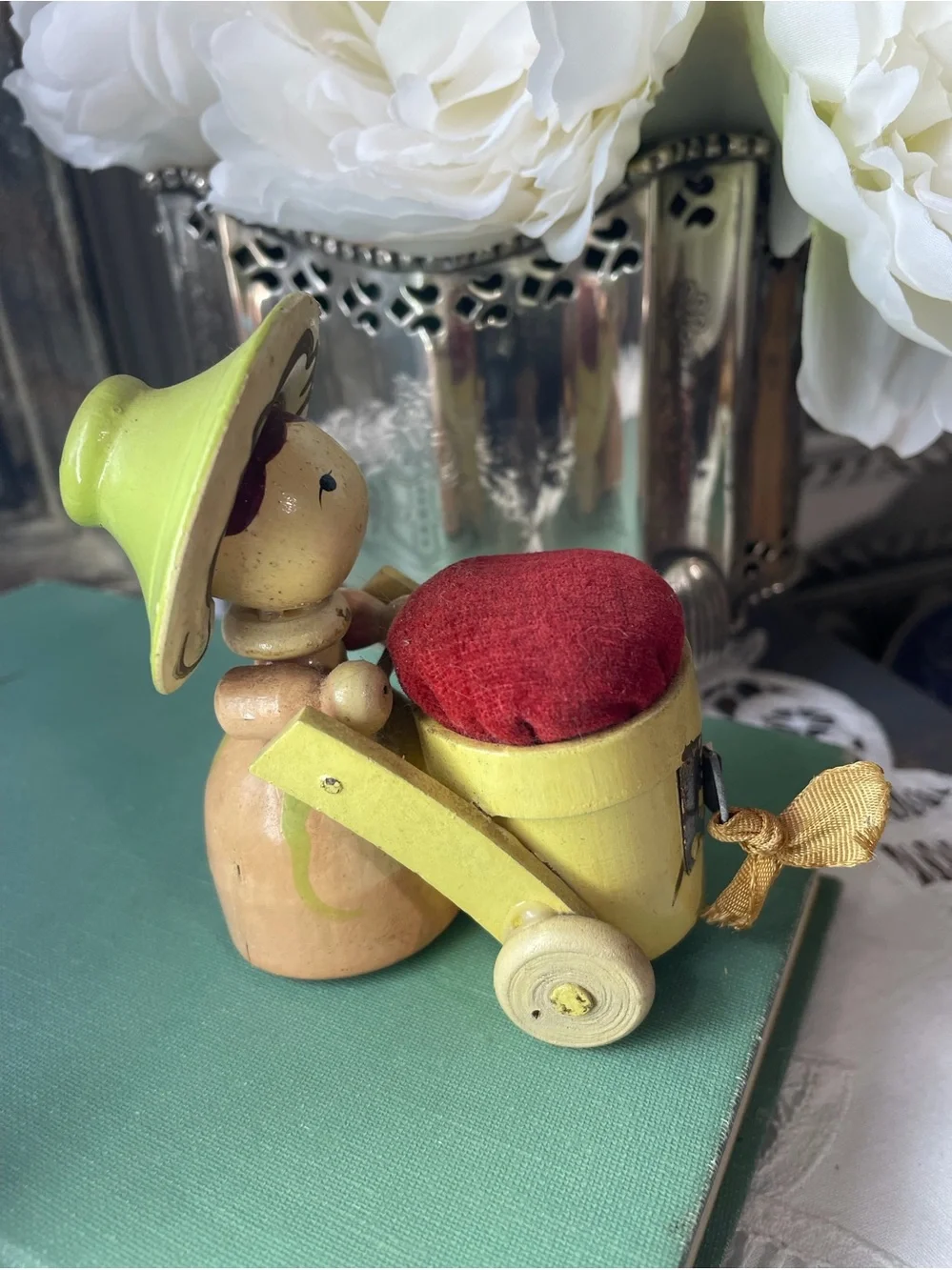 Handcrafted Yellow Wooden Pin Cushion with Red Velvet Top vintage Japan